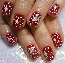 Christmas Nails Red Gel Polish On Natural Nails With Handpainted Stars And Stamped Snowflakes With Swarovski Christmas Nails Natural Nails Gel Polish Nail Art