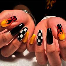 Cute Black Acrylic Nail Ideas Fake Nails False Nail Design Pretty Nail Designs Black Fake Nails Swag Nails Checkered Nails Grunge Nails