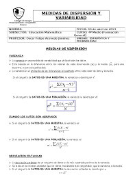 Las medidas de dispersión o medidas de variabilidad muestran la variabilidad de un conjunto de datos, indicando la mayor o menor concentración de datos respecto a las medias de centralización. Guia NÂº3 Medidas De Dispersion Diferencia Desviacion Estandar