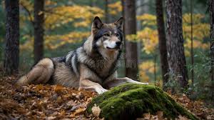 Lone Bernard S Wolf Gazing from a Rocky Perch, Surrounded by Forests and  Enshrouded Mountains Stock Illustration