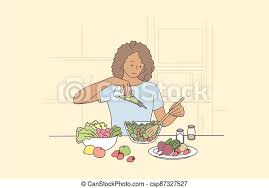 This type of eating was born . Cooking Hunger Food Health Vegetarian Care Concept Young Happy Hungry Smiling African American Woman Girl Vegan Pouring Canstock