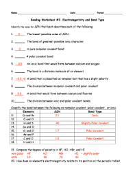 Bonding Worksheet 3 Electronegativity And Bond Type Fill