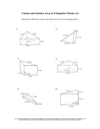 The Volume And Surface Area Of Triangular Prisms A Math Worksheet From The Measurement Worksheets Page At Area Worksheets Volume Worksheets Triangular Prism