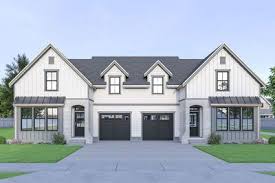 Plan 280079jwd New American Duplex House Plan With Matching 3 Bed Units Duplex House Plans Duplex House Duplex Floor Plans