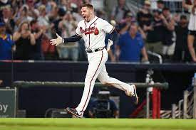 Photos Freddie Freeman Braves Celebrate Walk Off Win Over Brewers Atlanta Braves Braves Atlanta Braves Baseball