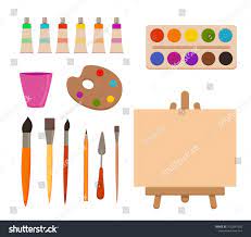 Painting Tools Elements Cartoon Colorful Vector Set Art Supplies Easel With Canvas Paint Tubes Brushes Pencil Painting Tools Paint Tubes Workshop Design