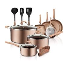 7 pc non stick cookware set saucepan glass lid cooking pots frying pan black. Nutrichef Metallic Nonstick Ceramic Cooking Kitchen Cookware Pots And Pan Set With Lids Utensils And Cool Touch Handle Grips 14 Piece Set Bronze In 2021 Pots And Pans Sets Kitchen Ware