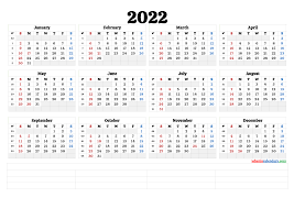 Yearly calendar for 2022 on 1 page, landscape orientation; Cute Printable Calendar 2022 6 Templates