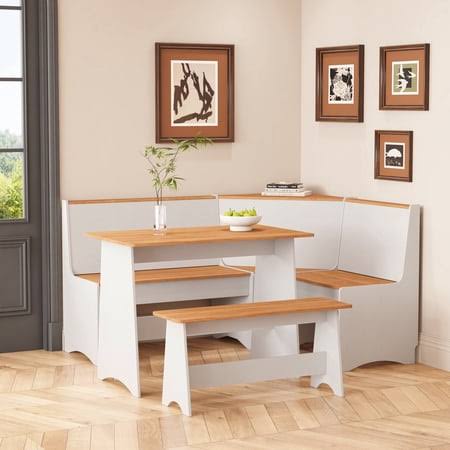 Idek Breakfast Nook Table Set for Kitchen - Space Saving L Shaped Corner Dining Table Set with Bench Seating for Dining Room Apartment,White and Brown
