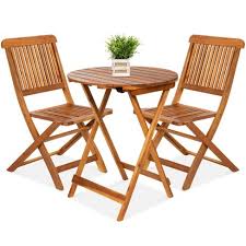 Set of 2 patio chairs made of solid acacia wood natural colored wood with beige cushions Best Choice Products 3 Piece Acacia Wood Bistro Set Folding Patio Furniture W 2 Chairs Table Teak Finish Natural Target