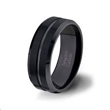 Brushed Black Tungsten Ring With Center Groove And Beveled Edges Mens Wedding B Black Tungsten Rings Mens Wedding Bands Tungsten Black Mens Wedding Bands Black