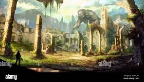 2d Illustration Mix Media Of Fantasy Adventure In Remote Ancient Abandoned Ruin City Civilization With Giant Monster Creature Guarding The Gate Town V Stock Photo Alamy