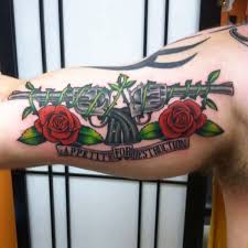 See more ideas about tattoos, gun tattoo, rose tattoos. 40 Guns And Roses Tattoo Designs For Men Hard Rock Band Ink Ideas