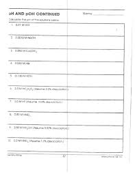 Chemistry Ph And Poh Calculations Worksheet Kids Activities