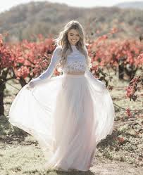 Pupi Sweet Dress Bride Two Pieces Wedding Gown Soft Pink Tulle Skirt And White L Long Sleeve Wedding Dress Lace Blush Wedding Dress Lace Long Wedding Dresses