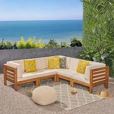 Oana 5pc Acacia Wood V Shaped Sectional Sofa Set Teak Beige Christopher Knight Home In 2020 Patio Sectional Outdoor Furniture Patio Loveseat