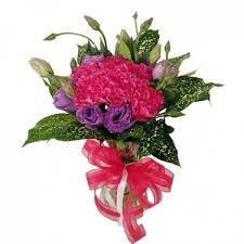 Arrangement Of 6 Shocking Pink Carnations With Purple Eustoma And Japanese Bamboo In A Vasethe T Online Flower Shop Order Flowers Online Online Flower Delivery