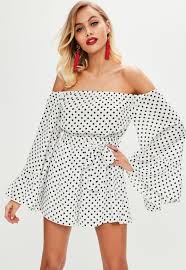 Black And White Polka Dot Dress Off The Shoulder A Playsuit In A White Hue With Polka Dot Detail And Bardot Style Playsuit Romper Polka Dot Rompers Rompers