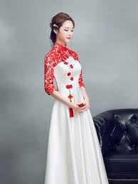 Red Lace Sleeve White Satin Aline Mandarin Collar Wedding Dress Traditional Chine Wedding Dresses Satin Chinese Wedding Dress Traditional Traditional Dresses
