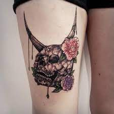 Zodiac Taurus Skull Horns And Flowers Thigh Tattoo Taurus Tattoos Tattoos Tattoos For Women