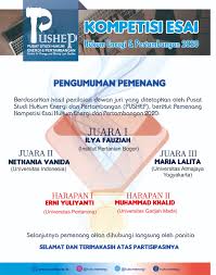 Kompetisi nasional tentang esai juga sering diadakan untuk melatih kemampuan menulis bagi siswa ataupun mahasiswa. Pengumuman Data Peserta Kompetisi Esai Pusat Studi Hukum Energi Dan Pertambangan 2020 Pushep