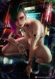 1girls absurd res absurdres areolae axsens blue eyes breasts cd  projekt red cyberpunk 2077 detailed background female female only hi res  high resolution highres judy alvarez looking at viewer