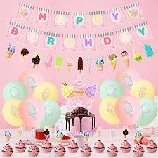 There's no better time than a hot summer day to throw a fun ice cream themed party. Pratyus Ice Cream Birthday Party Decorations For Kids Boys Girls Sweet Ice Cream Themed Party Supplies Favors With Banner Cake Toppers And Latex Balloons Pricepulse