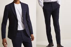 Crisp slim navy suit with brown cap toe shoes brown leather belt light blue shirt white cotton pocket. Best Suits For Men 2021 From Reiss To Hugo Boss British Gq