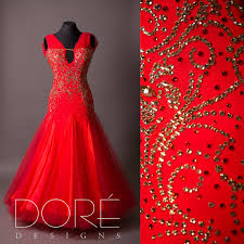 Fluorescent Red Smooth W Tulle Shoulder Accents Gold Stones Layered Tulle Skirt Ballroom Dance Dresses Smooth Ballroom Dress Inspiration Dance Dresses