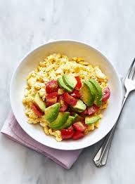 Bacon, eggs and a fresh avocado salsa (think salsa meets gauc) are wrapped up in tender collard leaves, which can be prepped a day in advance. Avocado Breakfast Scramble Recipe Eatwell101