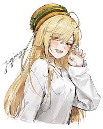 ye jji, jingburger, isegye idol, highres, 1girl, artist name, blonde hair,  blush, burger, claw pose, food, hat, long hair, long sleeves, looking at  viewer, open mouth, red eyes, school uniform, shirt, smile,