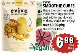 Created frozen cubes of organic fruit, veggies and plant protein that you pop into a jar or a bottle, cover with liquid (water, almond milk, whatever you prefer). Farm Boy Evive Smoothie Cubes Redflagdeals Com