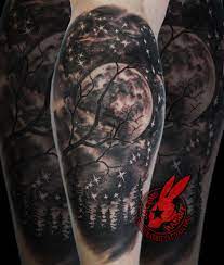 Full Moon Night Starts Astrology Sky Trees Silhouette Realistic Real Best Nature Landscape Tattoo By Jackie Rabbi Moon Tattoo Realistic Moon Tattoo Sky Tattoos