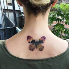 Double Exposure Butterfly Tattoo On The Upper Back Beautiful Tattoos For Women Butterfly Tattoo Butterfly Tattoo Designs