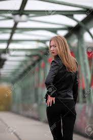 Beautiful Blonde Girl In Black Leather Jacket And Leggings Stock Photo Picture And Royalty Free Image Image 51659077