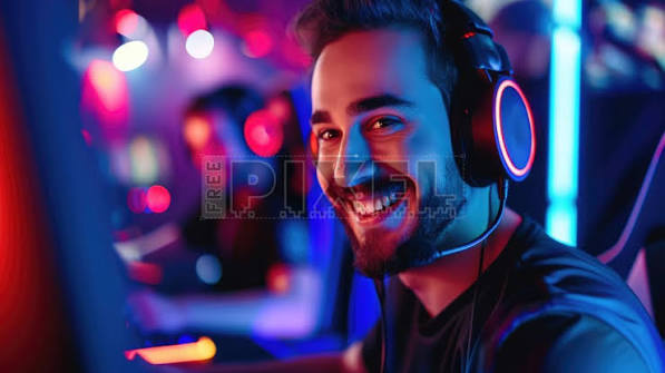 Free Photos - Concept Of Gamer Lifestyle And E-sports - Cheerful Man Fully Engaged In A Online Gaming Experience Using A Headset At Cybersports Club. | FreePixel.com