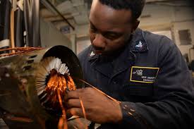 Electrician's Mate 3rd Class Eric Anderson, from West Covina, Calif., lays  coils for a motor aboard the aircraft carrier USS Nimitz (CVN 68).
