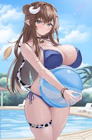 blue eyes, looking at viewer, standing, big boobs, long hair, cowgirl,  SatoumoGumogu, wet body, hair between eyes, thighs, anime girls, bikini,  blue bikini, beach ball, swimming pool, horns, portrait display, blushing,  pointy