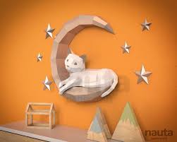 Cat On Moon Papercraft Kitten Low Poly 3d Papercraft Etsy Paper Crafts Paper Sculpture Crafts