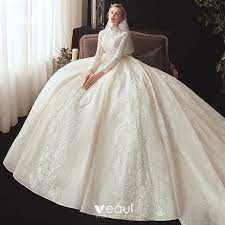 Chinese Style Muslim Champagne Lace Wedding Dresses 2020 Ball Gown High Neck Long Sleeve Appliques Lace Beading Pearl Chapel Train Ruffle Bridesmaids Gowns With Sleeves Wedding Dresses Wedding Dresses Lace