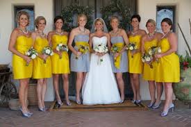 Yellow Bridesmaids Except Maybe Long Dresses With White Flowers And Bride Have Yello Yellow Bridesmaid Dresses Gray Wedding Inspiration Yellow Grey Weddings