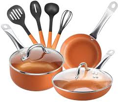 Amazon 9 Pieces Copper Cookware Pans And Pots Set For 46 98 Deals Finders Ceramic Cookware Set Copper Cookware Pots And Pans Sets
