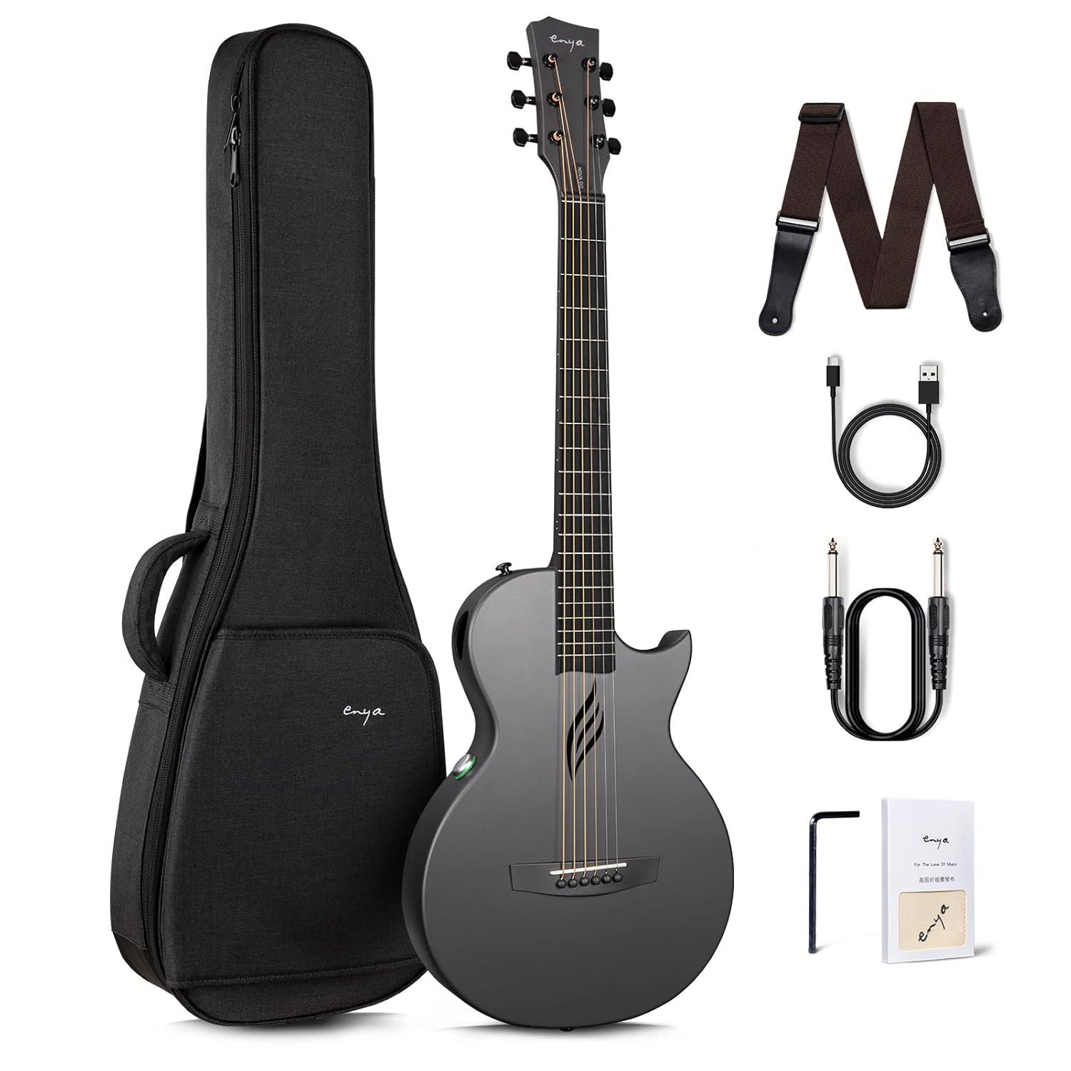 Enya NOVA Go SP1 Carbon Fiber Acoustic Electric Guitar with Smart AcousticPlus 35 Inch Travel Acustica Guitarra Starter Bundle Kit of Gig Bag, Strap, product image