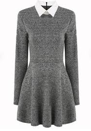 Grey Plain Peter Pan Collar Long Sleeve Pleated Casual Mini Dress Pleated Dress Long Sleeve Skater Dress Long Sleeve Dress