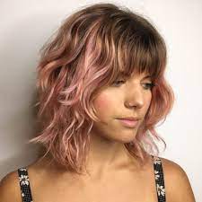 Pastel Pink Shaggy Bob With Bronde Bangs Medium Shag Haircuts Medium Hair Styles Layered Curly Hair
