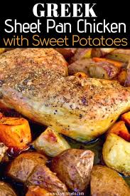 Crispy Greek Sheet Pan Chicken With Sweet Potatoes Olive Tomato Recipe Chicken Sweet Potato Pan Chicken Chicken Leg Recipes