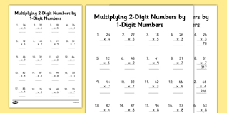 2 digit by 1 digit multiplication sheets math resource