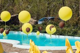 Dedicated servers and professional support. Pool With Big Yellow And Brown Balloons Outdoor Poolside Party The Balloons On Water Decorations For Wedding Ceremony By The Pool With Blue Water Stock Photo Picture And Royalty Free Image Image