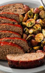 One Pan Meatloaf With Potatoes And Brussels Sprouts Our Recipe For One Pan Meatloaf Uses Straightforward Ingredients To Cre Main Dish Recipes Recipes Meatloaf
