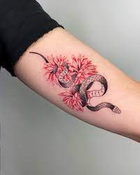 Taylan Ulukir On Instagram Snake With Red Flowers For Zeynep Tattoodesign Snaketattoo Dovme Leg Tattoos Floral Snake Tattoo Tattoo Designs
